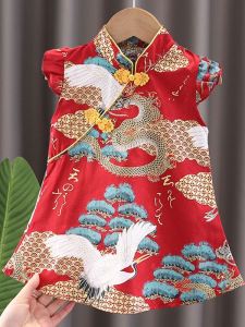 Đầm Trẻ Em Phong Cách Trung Hoa Mùa Hè Baby Girl Qipao Trang Phục Trẻ Em Đầm Sơ Sinh Vải Cotton Dệt Polyester Họa Tiết Hoa Mùa Hè