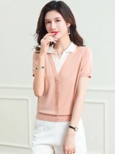 Cocoepps mùa hè phiên bản Hàn Quốc mới ngắn tay Áo polo Áo len phong cách ngắn ve áo nữ