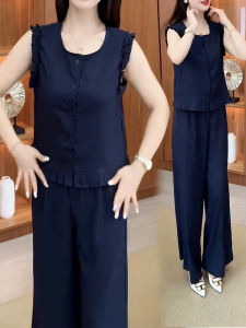 Shalldoer | Bộ đồ hai mảnh thời trang mùa hè cho nữ tay ngắn quần dài rộng màu trơn viền gỗ giản dị phong cách thường ngày