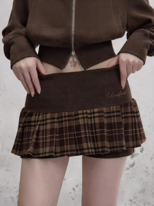 Unifree | Color Contrast Vintage Brown Plaid Patchwork Pencil Skirt