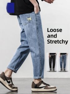 ROMON | Romon Mens Summer Thin Straight Leg Light Blue Washed Elastic Casual Jeans Mid Waist Zipper Closure Long Pants Youth Fashion