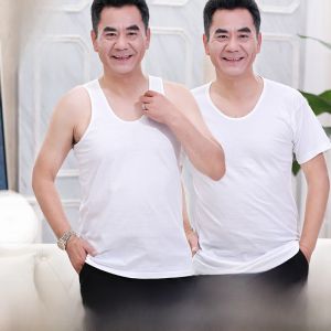 Mens Pure Cotton Vest Loose Short Sleeve round Neck Sweatshirt Breathable Comfortable Summer Top for Middle-Aged And Elderly