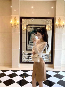 Pure Desire Lace Shirt T-Shirt Womens Autumn Winter Slim Fit Waist Cinched Short Base Layer Top V Neck Long Sleeve Knot Design