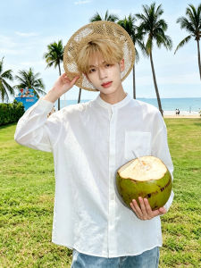 OUMULONG | Light Breathable Sun-Protective White Mandarin Collar Long Sleeve Linen Shirt