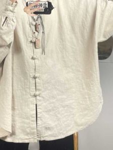 Retro Chinese Style Womens Shirt Button up Cotton Linen Batwing Sleeve Washed Sand Color Zen Tea Costume Spring Autumn Top