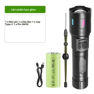 Đèn Pin LED Siêu Sáng 4 Chế Độ Đèn Pin Hợp Kim Nhôm Có Thể Sạc Lại Bằng Cổng Type-C Đèn Cầm Tay Dùng Cho Cắm Trại Săn Bắn Đi Bộ Đêm Thám Hiểm Hang Động - Màu Đen