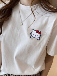 Áo Thun Cotton Thêu KT Cat Dành Cho Nữ Mùa Hè Dáng Rộng Cổ Tròn Tay Ngắn in Họa Tiết Hoạt Hình Phong Cách Mỹ
