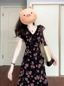 GUANSHU | Black V-neck Rose Floral Dress Women Summer 2025 New Small Size Elegant Beautiful Beach Vacation Long Dress Sweet High Waist A-line Skirt