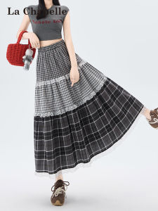 La Chapelle | Vintage Checkered Patchwork A-line Lace Trim Mid-length Skirt