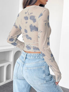 Áo Thun in Họa Tiết Hoa Xếp Ly Ôm Vừa Vặn Áo Thun Tay Dài Cổ Tròn Ngắn Mùa Hè 2025 Áo Thun Nữ Thời Trang Đường Phố