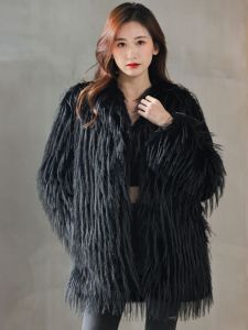 Eco-Friendly Mink Fur Jacket Womens Mid-Length Trendy Style Slimming Coat Commute Fashion round Neck Winter 2023