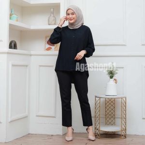 KAYLA Blouse Wanita -Lengan Karet Rayon Viscose Motif Kerah Sanghai kemeja kekinian Atasan Casual Wudhu friendly Baju Muslim Kancing