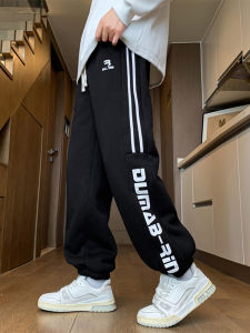 Youth Casual Sports Pants Mens Autumn Stripe American Style Loose Fit Black Trendy Print Elastic Waist Long Trousers
