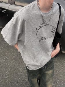 Heavyweight 100% Pure Cotton American Retro Letter Short Sleeve Mens T-shirt Summer Loose Trendy Design Sense Casual Tee