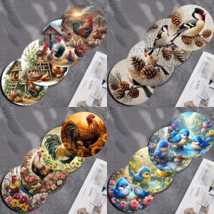 Colorful Bird and Rooster Art Coasters - 4-piece set anti-slip wooden coasters suitable for kitchen office and party decorati