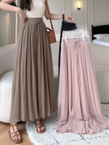 Summer Thin High Waist Draped Ice Silk Cotton Linen Wide Leg Pants Skirt for Women Elastic Waist Loose Fit Trousers