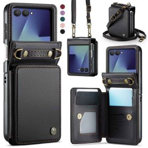 for Samsung Galaxy Z Flip 8/7/6/5 Case with Card Holder Galaxy Z Flip 8 PU Leather Wallet Case with Wrist Strap RFID Blocking Card Slot Shockproof Protective Phone Cover for Women Men (Black)