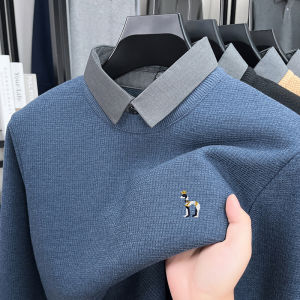 Brand High-End Mens Lapel Fake Two-Piece pullover Sweater Winter New Dog Embroid Thickening Warmth Knitwear Business Menswear