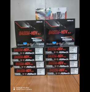 ASRock B450M-HDV R4.0 motherboard with HDMI support and multiple ports.