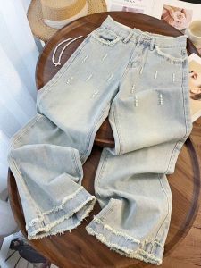 PAIBOLI | High Waist Straight Leg Jeans Large Size New Style Light Blue Washed Rhinestone Lace Trim Splicing French Design Sensation Denim Pants