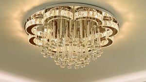 Phube Luxury Crystal Flush Mount Ceiling Light Tricolor LED Dimmable with Remote Control Multi-Size 100/120cm Gold Ceiling Lamp for Living Room Dining Room - Metro Manila Delivery