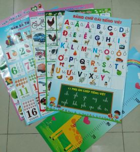 Tranh Decal dán tường cho bé học (6 tờ: chữ cái số con vật trái cây xe thước) keo sẳn