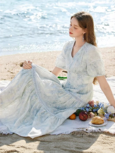 XIANGYING | Blue Gradient V-Neck Cinched Waist Dress