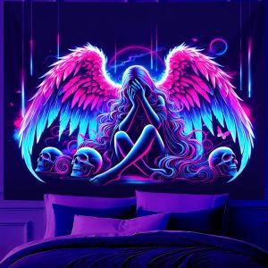 VIKAMA Neon UV Blacklight Có Cánh Thiên Thần Cô Gái Thảm Hồng Xanh Gothic Đầu Lâu Đậm Nghệ Thuật Treo Tường Cho Phòng Ngủ Ký Túc Xá Trang Trí