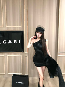 Shiny Thread Irregular Shoulder Sleeveless Knitted Dress Womens Autumn Winter Slim Fit Short Skirt Casual Style Wrap around