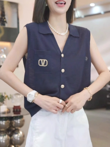 Shalldoer | Elegant Knitted Sleeveless Vest Womens Fashion V-neck Single Button Summer Top High Quality Commute Style Regular Fit Thin Material