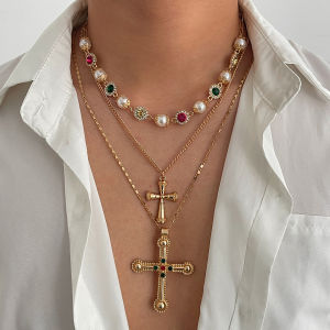 Ingemark | Ingemark 3Pcs/Set Goth Jesus Cross Pendant Necklace for Men Hip Hop Colorful Rhinestone Imitation Pearl Collar Chain Y2K Jewelry