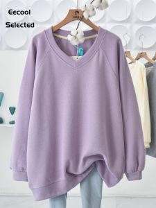 Pure Cotton V-Neck Sweatshirt Womens Spring Autumn New Style Shoulder Insertion American Popular Purple Color Loose Fit Long Sleeve Hoodie