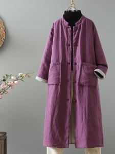 Thickened Long Cotton Jacket for Women with Button Closure Chinese Style National Fashion Side Buttoned Coat Windbreaker