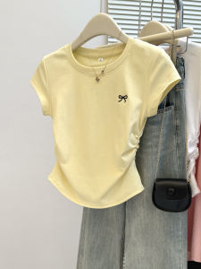MISHANGYICHU | Yellow Bow Embroidery Short Sleeve Slim Fit T-shirt