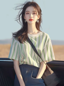 Stylish Unique Beautiful Short Sleeve T-Shirt Womens Summer Fashionable Striped Shoulder Length round Neck Top Korean Style