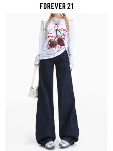 Forever 21 American Style High Waist Wide Leg Straight Cut Blue Jeans Womens Retro Original Color Loose Fit Casual Trousers