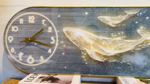 (100% ẢNH CHỤP) Tranh đồng hồ đèn led đàn cá vàng uv mặt mica sáng bóng kèm đinh