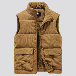 Fall Winter Men Corduroy Vest with Velvet Thickening Vest Mens Large Size Stand Collar Waistcoat Multi-Pocket Workwear Vest Tide