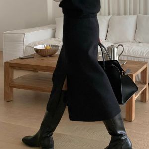 Spring Autumn Thick Warm Woolen Straight Cut Mini Skirt Wrap around Skirt Long Woolen Dress Black Versatile High Waist