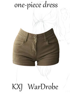 Y2K Spicy Girl Khaki Denim Shorts Womens Summer 2025 New Retro Elastic Slim High Waist Hip Covering Hot Pants Commute Style