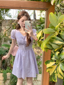 Purple Lace-up V-neck Elegant Leisure Waist Slimming Fairy Mini Dress