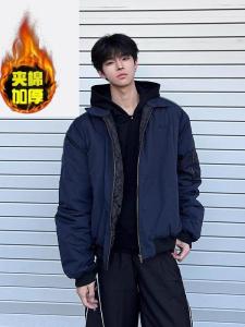 Blue Ma1 Pilot Jacket Men Short Shape Cotton Coat Autumn Winter Baseball Style Thick Warm Flip Collar Trendy Youth Fashion
