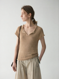 INSIS FEMME | Hemp Yarn Flower Mixed V-Neck Summer Knit Short Sleeve Womens Top