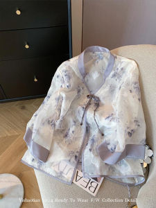 New Chinese Style Womens Shirt Floral Print Button up Sun Protection Loose Cardigan Long Sleeve Stand Collar Regular Length