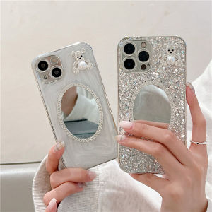 Huawei Mate60 pro Matte Silver Plated Hard Shell Phone Case Creative Bear Design Protective Mirror Cover for Huawei P50 pro