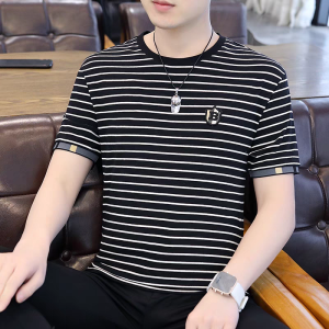 Casual Ice Silk Short Sleeve T-shirt for Men Summer Fashion Slim Fit Hip Hop Half Sleeve Striped Casual Shirt