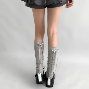 Gray Butterfly Knot Socks Ballet Style Mid-Calf Summer Thin Womens Grey Butterfly Knot Stacked Socks Studio Teaching Room