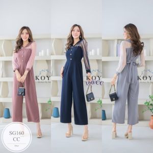 SS160 Jumpsuit จั้มสูทขายาว แต่งมุ้งลายสวยอกหน้าแต่งกระดุม ปลายแขนกระดุมแกะใช้งานได้จริง
