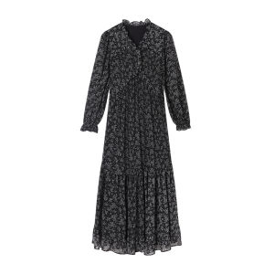 XIANGYING | Black Long Sleeve Floral Dress Women Spring New Arrival Chiffon V-Neck