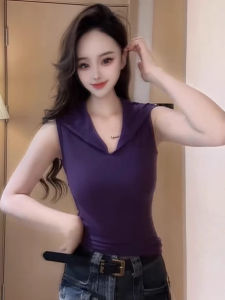 American Style Hot Girl V-neck Hoodie Sleeveless Vest T-shirt Womens Summer 2025 Slimming Versatile Short Length Top